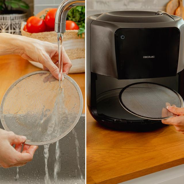 Black Cecotec air fryer with mesh filter, 5.5L, 1550W.