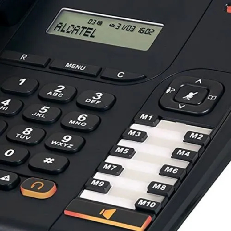 Telefone Fixo Alcatel Temporis 580 preto, com ecrã e teclado.