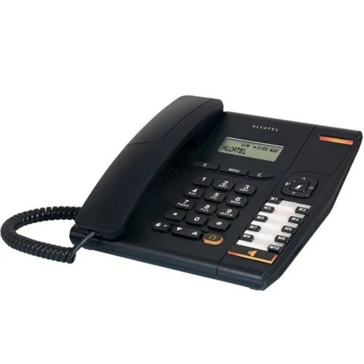 Telefone Fixo Alcatel Temporis 580 preto com ecrã e teclado.