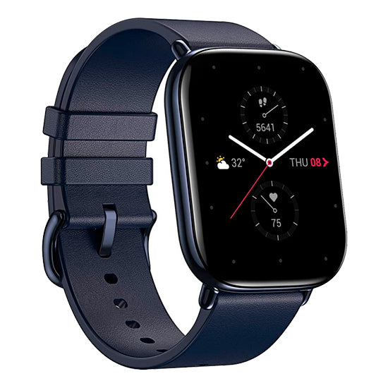 Smartwatch Amazfit Zepp E Square 43mm azul com pulseira de couro e ecrã preto com mostradores brancos e vermelhos.
