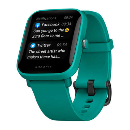 Smartwatch Amazfit Bip U verde com notificações de Facebook e Twitter no ecrã.