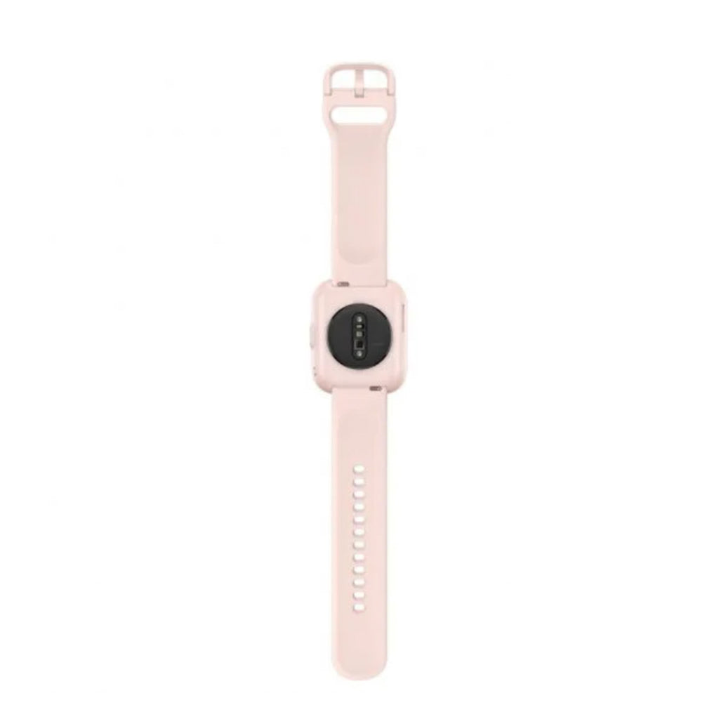 Smartwatch Amazfit Bip 5 rosa com pulseira de silicone e ecrã.