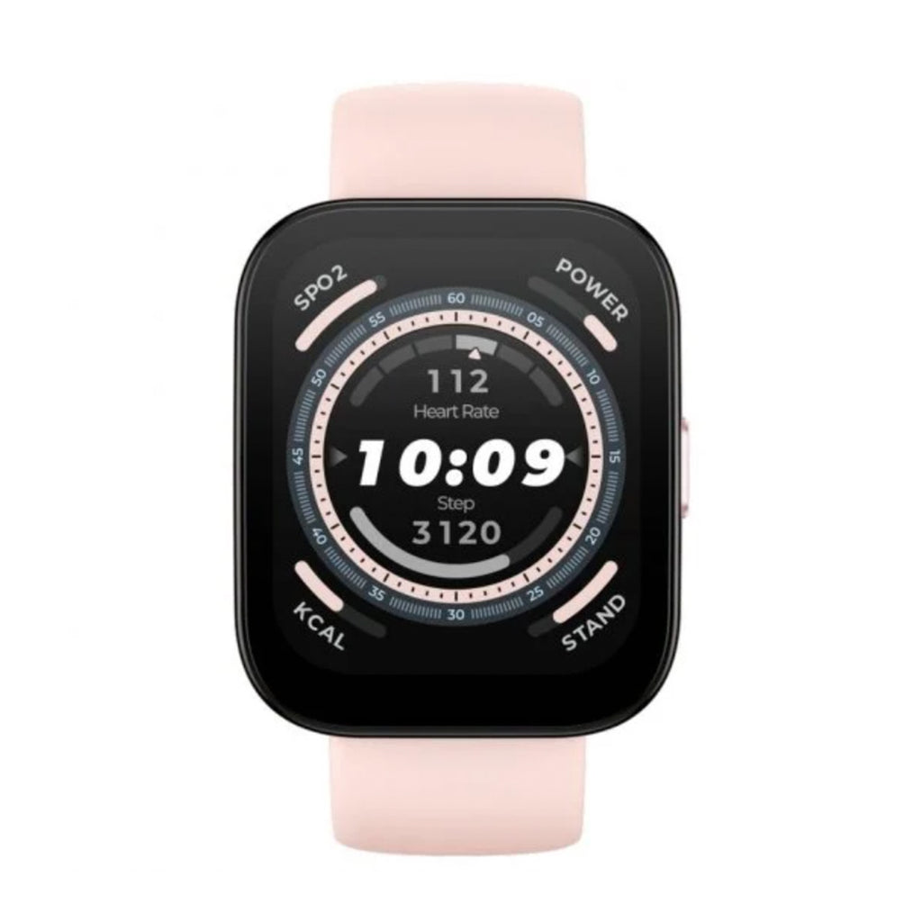 Smartwatch Amazfit Bip 5 rosa com pulseira rosa e ecrã preto, mostrando o tempo e dados de saúde.