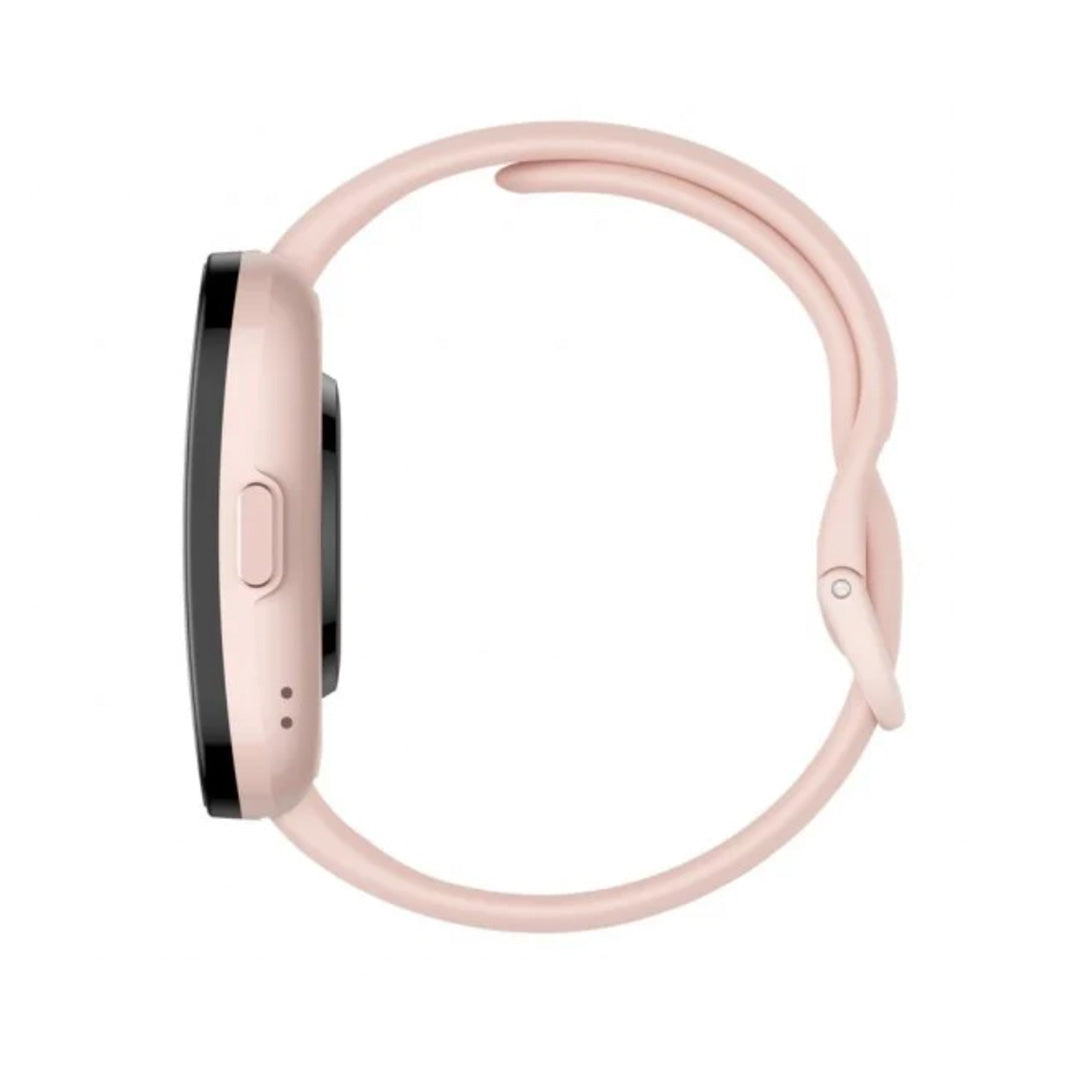 Smartwatch Amazfit Bip 5 rosa com pulseira de silicone e ecrã.