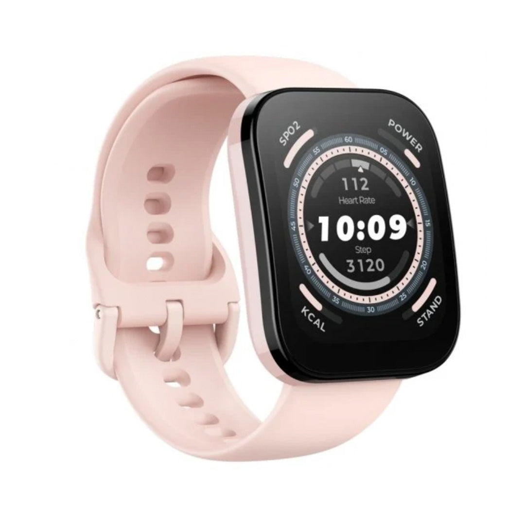 Smartwatch Amazfit Bip 5 rosa com pulseira de silicone e ecrã preto a mostrar o tempo 10:09 e dados de saúde.
