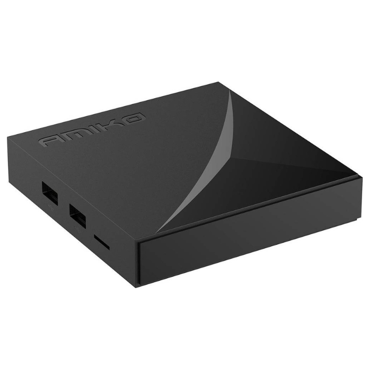 Black Amiko A11 Gold Android TV box with ports.