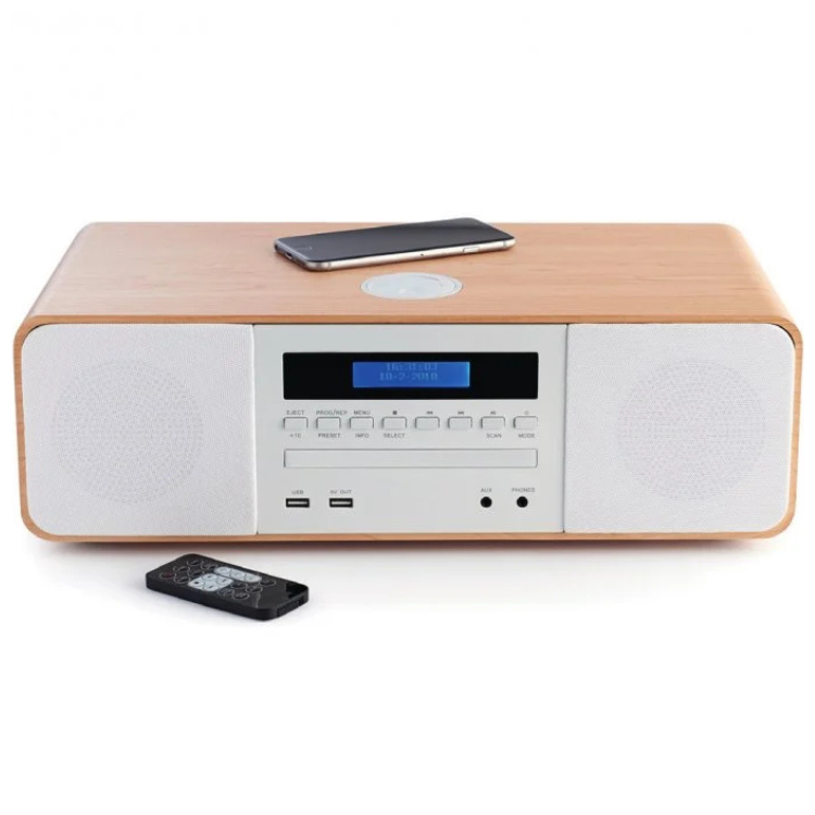 Thomson MIC201IBT 50W white micro hi-fi system with wooden top and remote control.