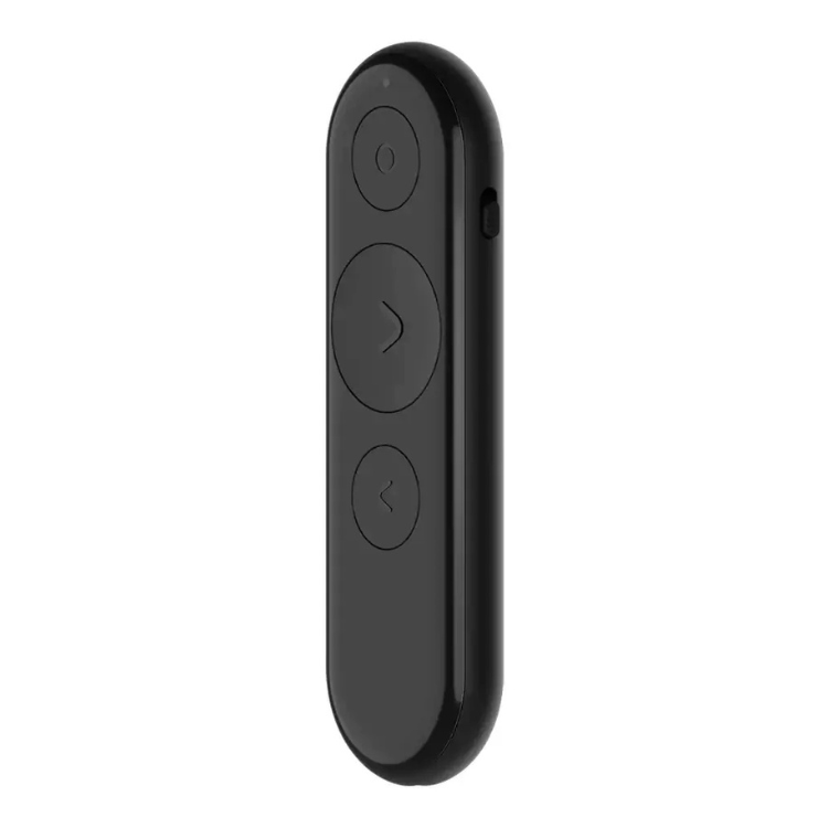Black Lenovo presentation remote control, wireless/bluetooth, 3 buttons.