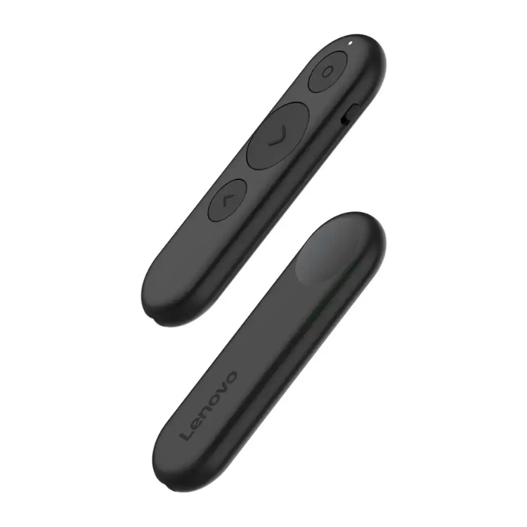 Black Lenovo wireless presentation remote, two devices shown, one with buttons, the other with Lenovo logo.