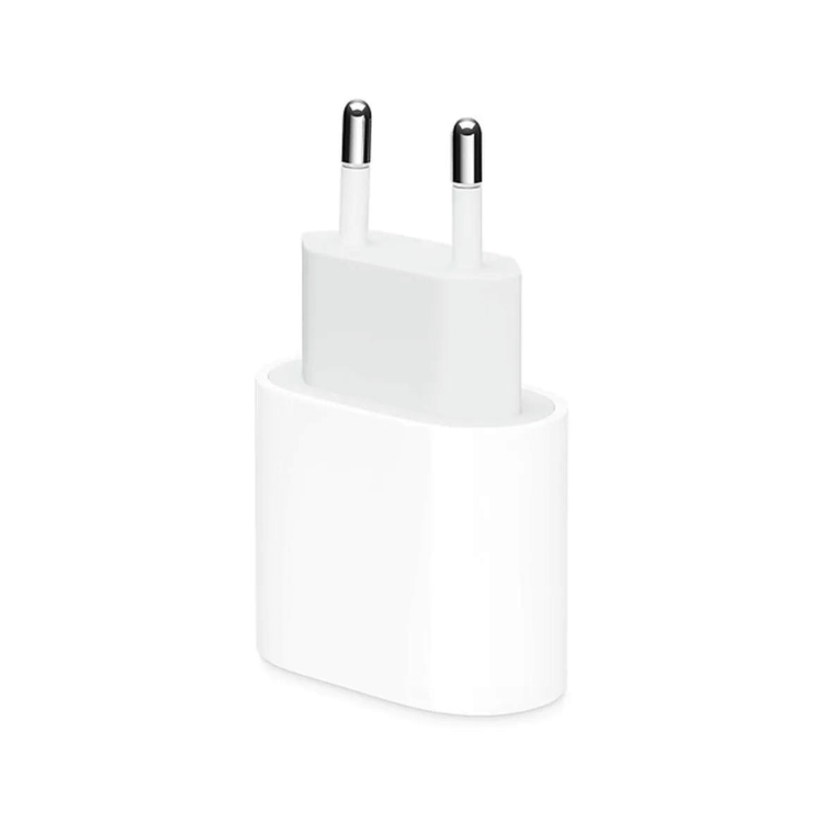 Carregador USB-C branco 20W com ficha de dois pinos.