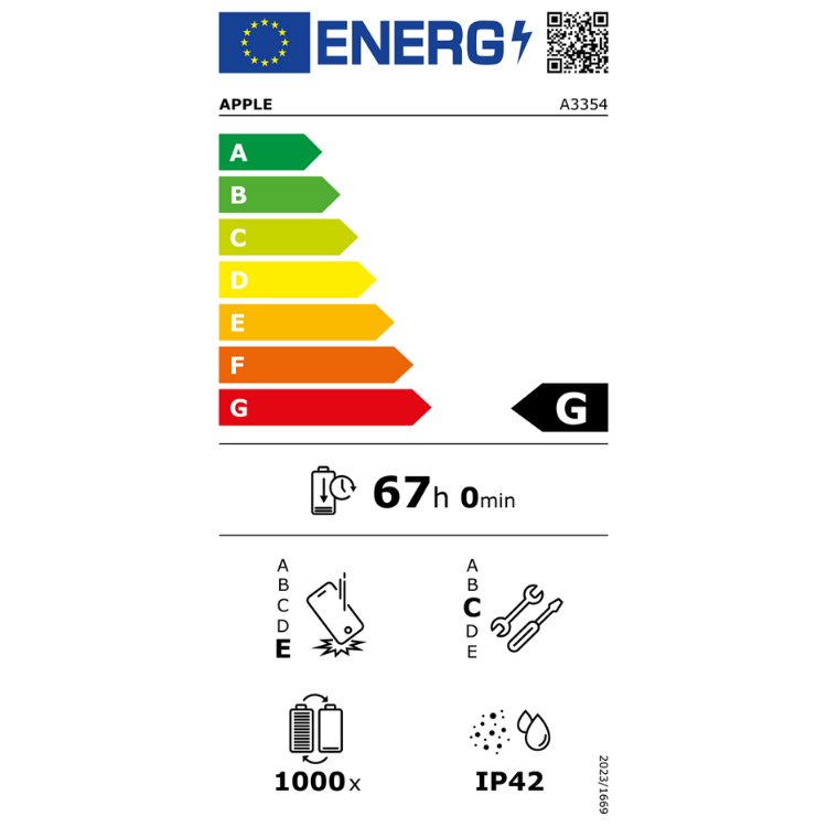 Etiqueta energética do iPad da Apple, classificação G, 67 horas de bateria, resistência IP42.