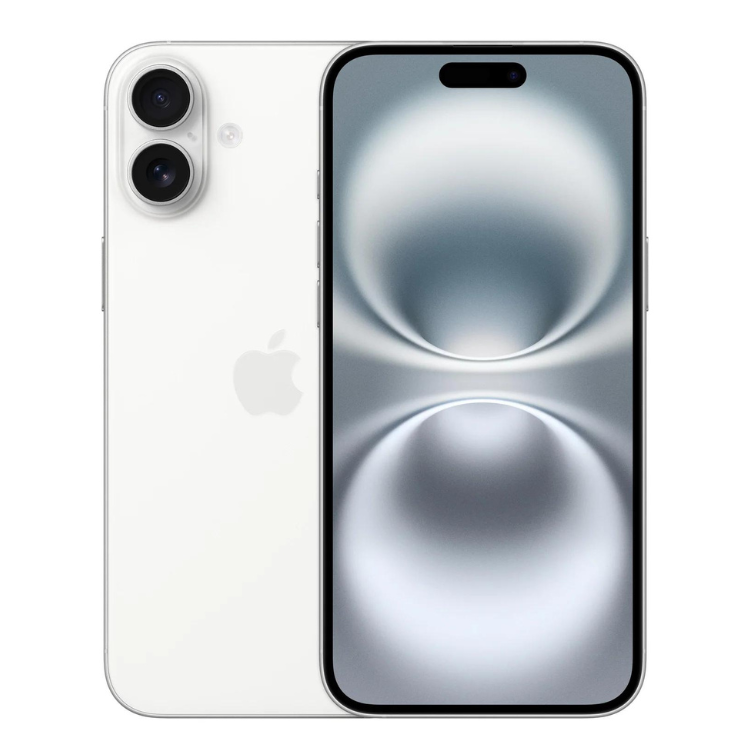 iPhone 16 branco, 128GB, com câmera dupla e tela de 6.1 polegadas ligada.