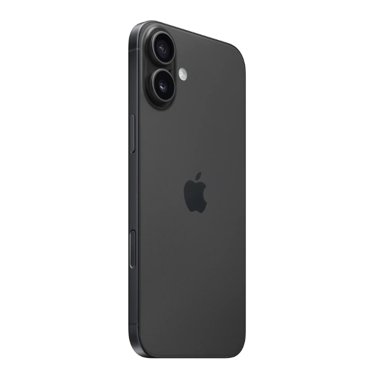 iPhone 16 128GB Preto, smartphone Apple com câmaras duplas e logótipo Apple, ecrã não visível.