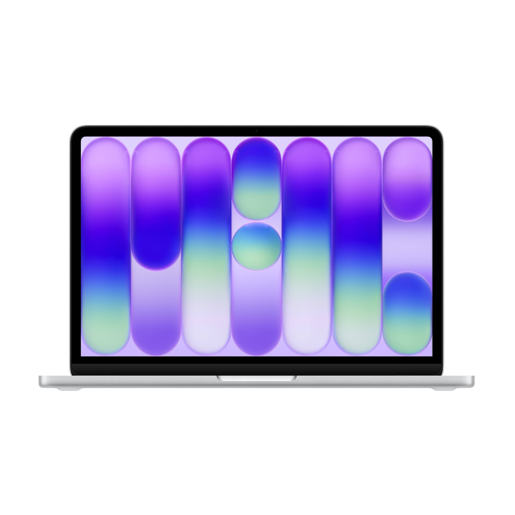 Silver Apple MacBook laptop, 13-inch screen with purple, blue and green gradient wallpaper.