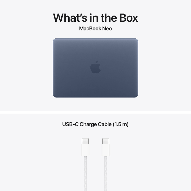 Apple MacBook Neo 13 azul, com logotipo Apple, e cabo USB-C.