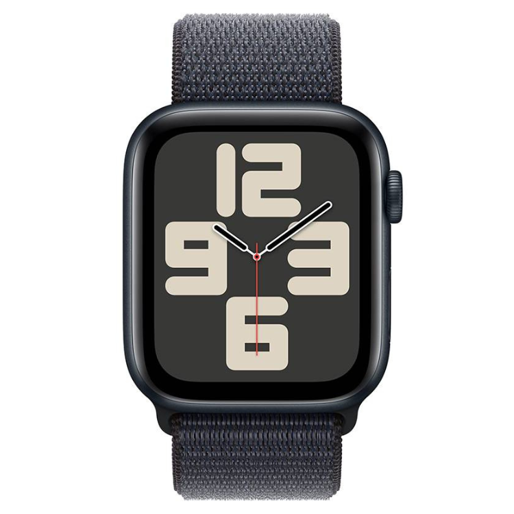 Apple Watch SE preto 40mm com bracelete desportiva loop cinza escuro.