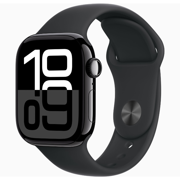 Apple Watch Series 10, 42mm, alumínio preto, bracelete desportiva preta.