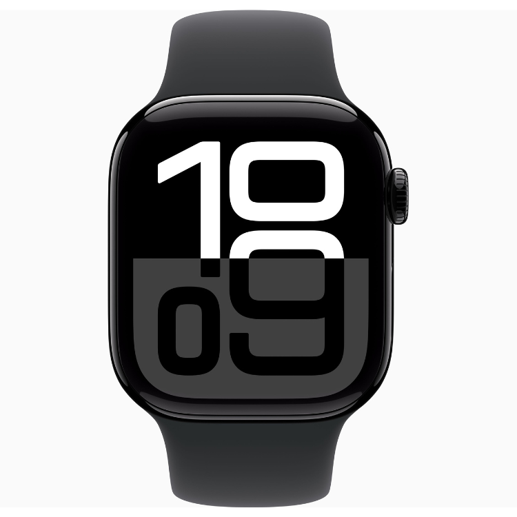 Apple Watch Series 10, 42mm, alumínio preto, bracelete desportiva preta.