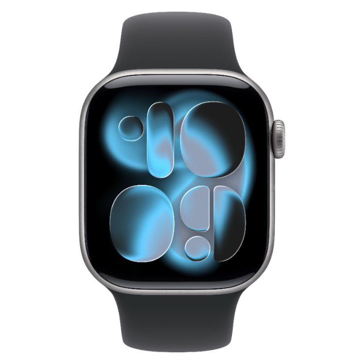 Smartwatch Apple Watch Series 11 GPS 42mm alumínio cinzento com bracelete desportiva preta.