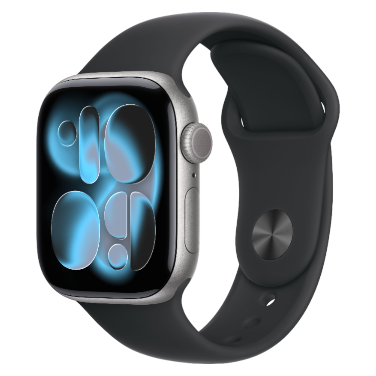 Apple Watch Series 11, alumínio cinzento, 46mm, com bracelete desportiva preta.
