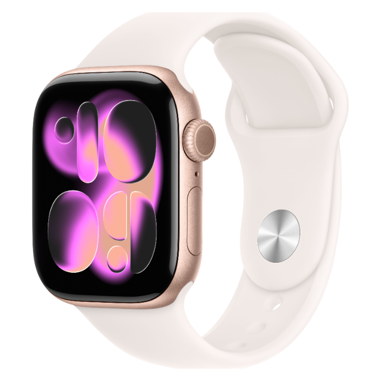 Smartwatch Apple Watch Series 11, alumínio rosa dourado, 46mm, com bracelete desportiva rosa.