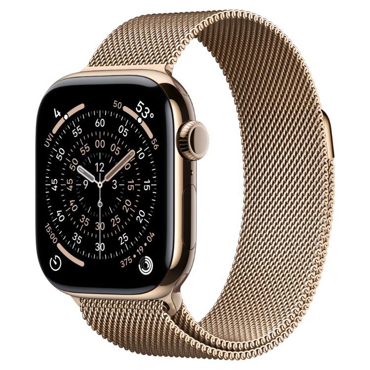 Apple Watch Series 11, 42mm, titânio dourado, bracelete Loop Milanesa dourada, ecrã preto com mostrador analógico.