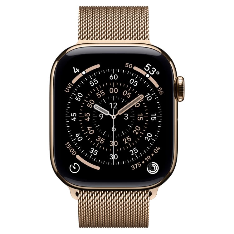 Smartwatch Apple Watch Series 11 GPS + Cellular 42mm em titânio dourado com bracelete Loop Milanesa dourada.