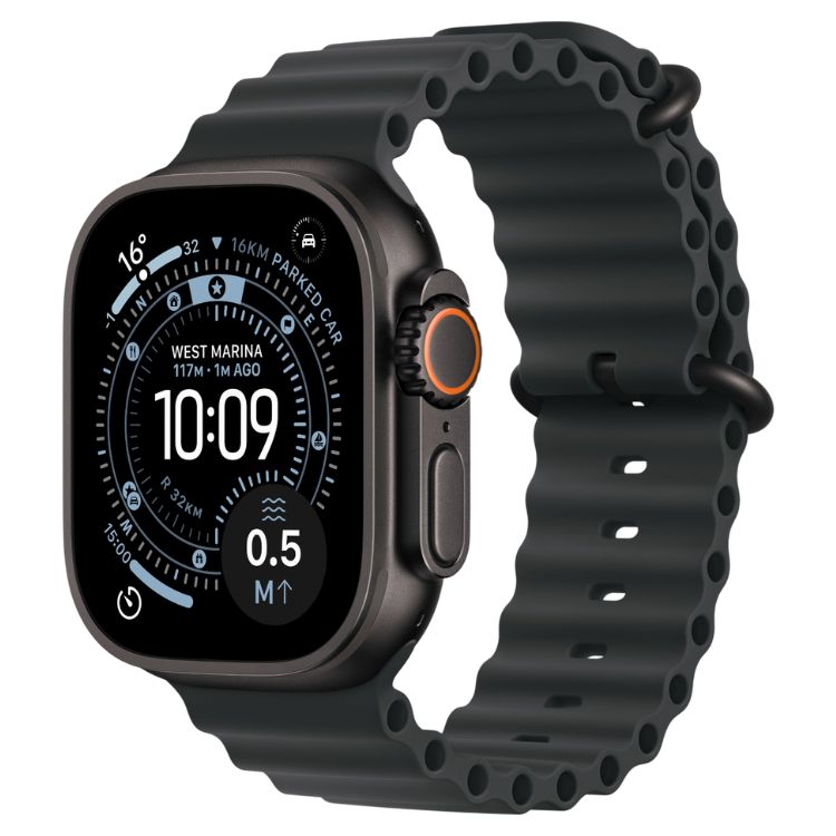 Apple Watch Ultra 3 GPS + Cellular 49mm Titânio Preto com Bracelete Ocean Preto, mostrando o ecrã com relógio às 10:09.