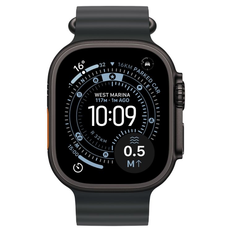 Apple Watch Ultra 3, 49mm, titânio preto, bracelete Ocean preto, ecrã preto com mostrador e ícones em branco e azul, com hora 10:09.