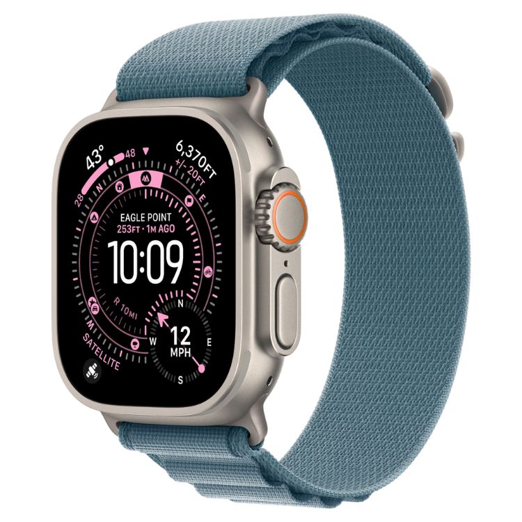 Apple Watch Ultra 3, pulseira Loop Alpine azul, titânio natural, 49mm, GPS + Cellular.