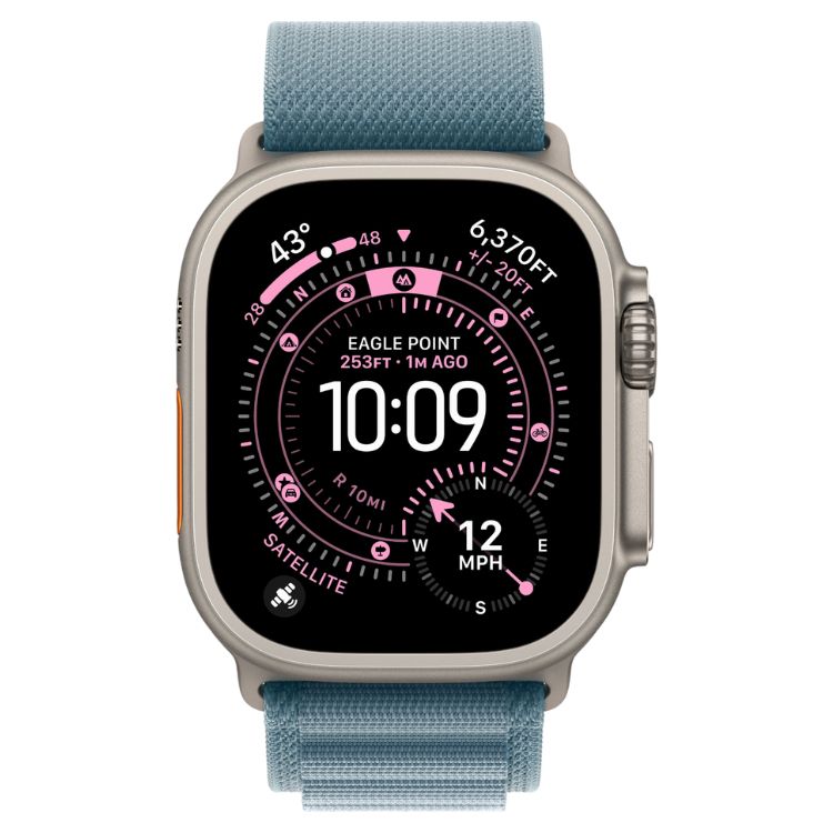 Apple Watch Ultra 3, 49mm, Titânio Natural, Bracelete Loop Alpine Azul, ecrã com mostrador preto e elementos rosa, mostrando as 10:09.