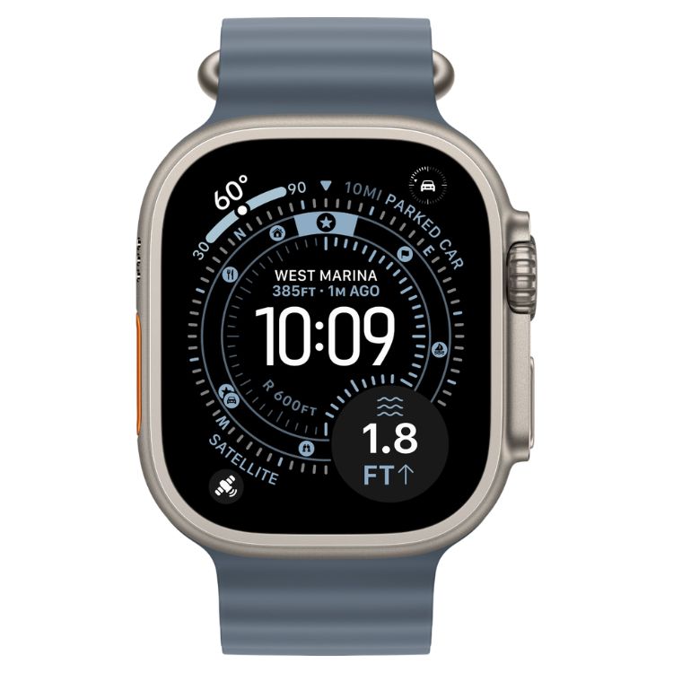 Apple Watch Ultra 3, pulseira azul, ecrã preto, caixa titânio natural, 49mm, GPS e Cellular.