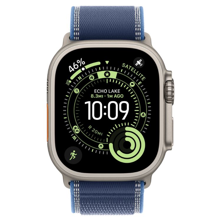 Apple Watch Ultra 3, pulseira Loop Trail azul, titânio natural, 49mm, GPS + Cellular.