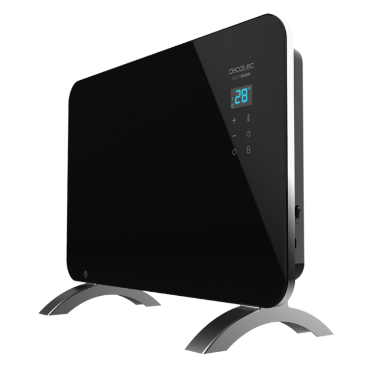 Aquecedor convector Cecotec Ready Warm 6670 Crystal Connection preto 1000W com painel digital e temperatura configurável.