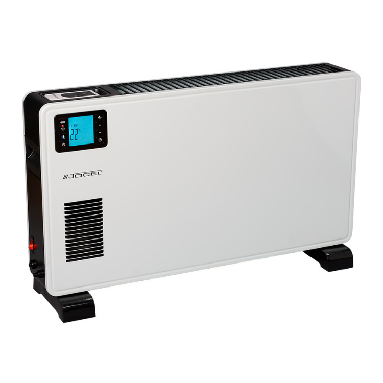 White Jocel convection heater, 2300W, digital display showing 22°C, black accents and feet.