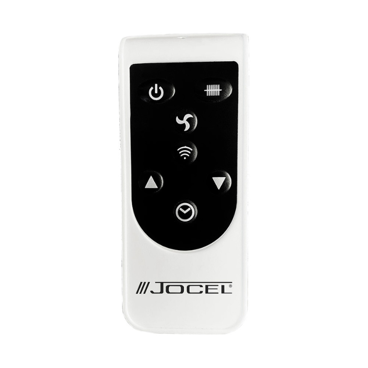 Jocel remote control, white with black buttons and logo.