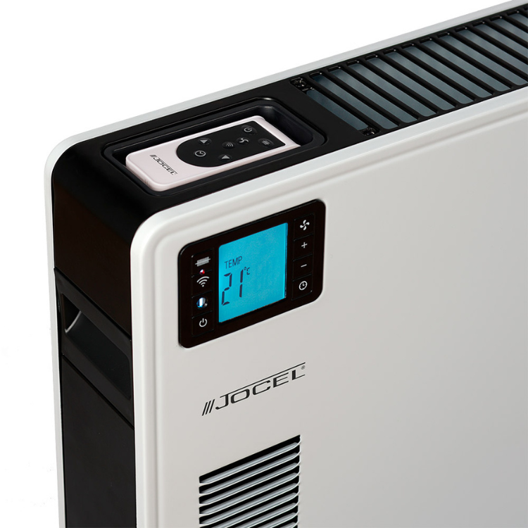 Jocel 2300W convection heater, white and black, digital display showing 21°C.