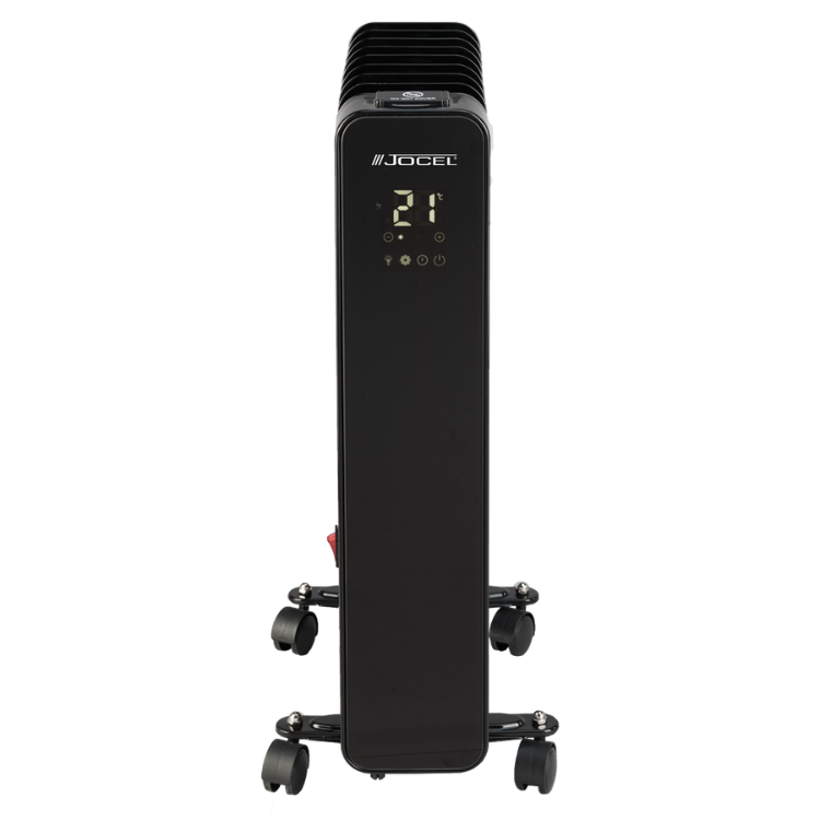 Black Jocel oil heater, 2000W, 9 elements, digital display showing 21 degrees, on wheels.