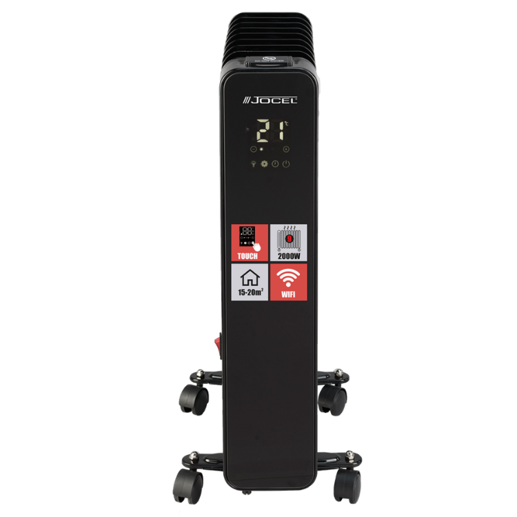 Black Jocel oil heater, 2000W, 9 elements, digital display, WiFi, on wheels.