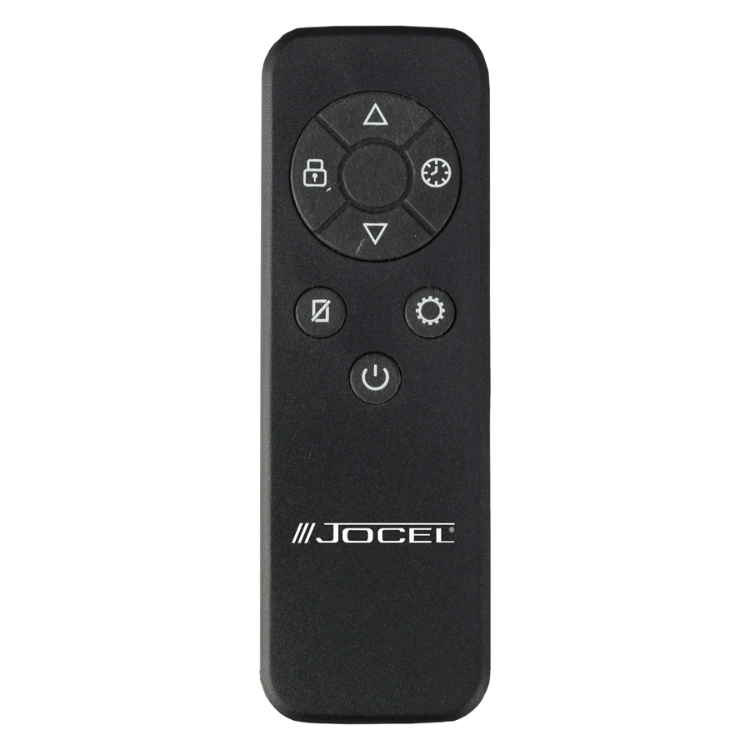 Black Jocel remote control with buttons and logo.