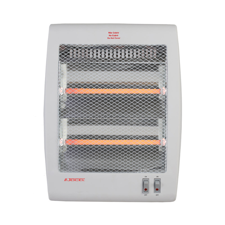 Jocel 800W quartz heater, gray, with two switches and orange heating elements.