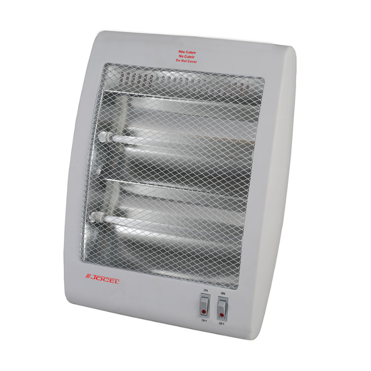 Jocel 800W quartz heater, white, with metal grill and red switches.