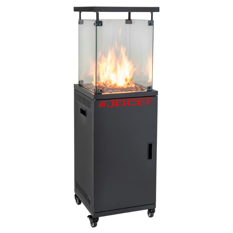 Black Jocel patio heater with glass panel and flames, 13000W.