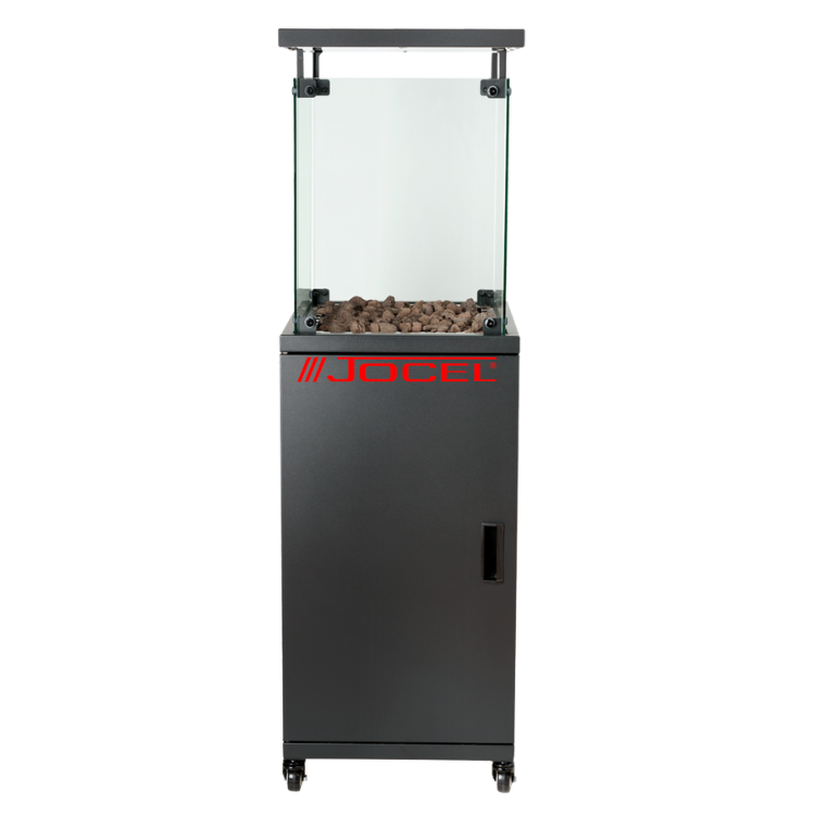 Black outdoor heater with glass top, Jocel logo, and brown stones inside.