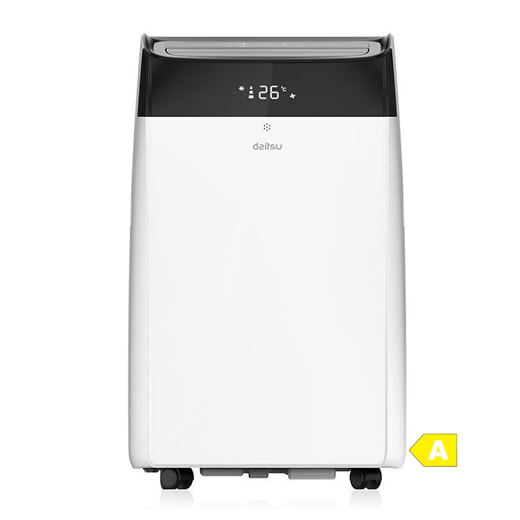 Daitsu portable air conditioner, white and black, 12,000 BTU, digital display showing 26°C.