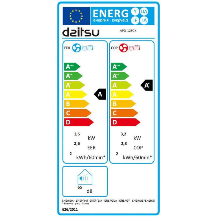 Daitsu APD-12FCX energy efficiency label, A+++ rated, 12000BTU portable air conditioner specs.