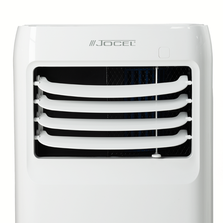 White Jocel portable air conditioner, 3 horizontal vents, Jocel logo on top.
