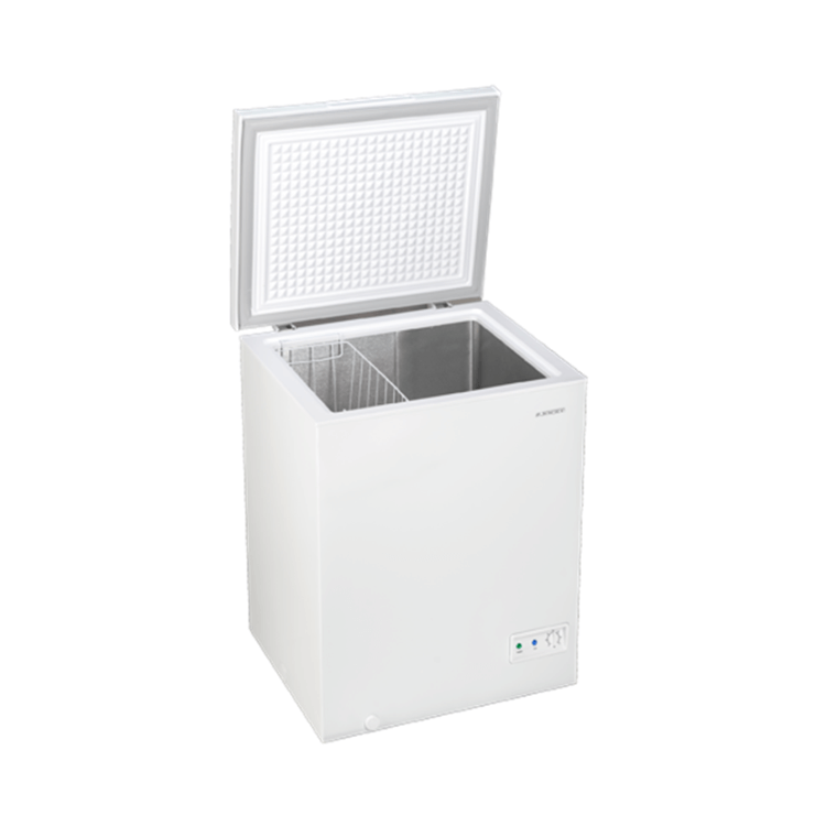 White Jocel 98L chest freezer, open lid, E Class, horizontal design.
