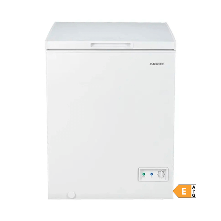 White Jocel horizontal freezer, 98L, Class E, energy efficiency label.
