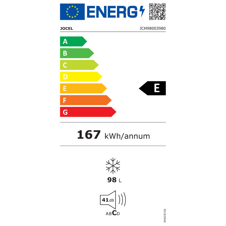 Jocel 98L freezer energy label, E rated, 167 kWh/annum.